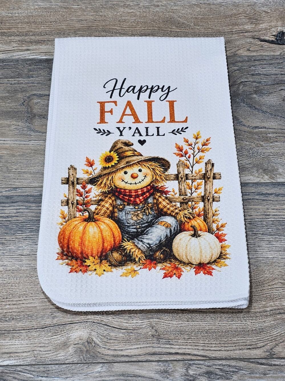 Happy Fall Y'all Kitchen Towel Scarecrow Pumpkin Farmhouse Autumn Decor